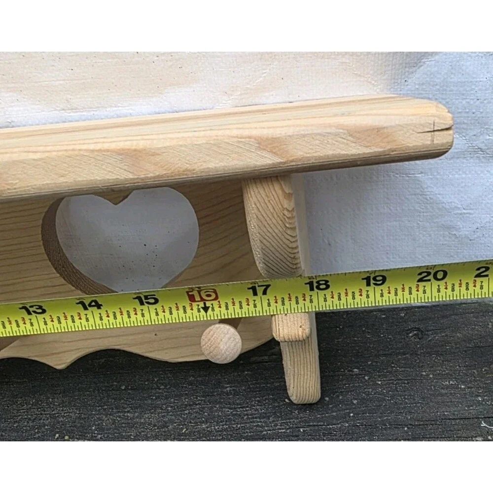 Vtg Unfinished Pine Wall Shelf Cutout Hearts Shaker Peg Rack Country 22